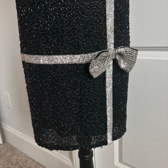 VTG 80s Saks Fifth Avenue Black Silk Beaded Nights Cocktail Bow Dress S Holiday - Picture 13 of 14